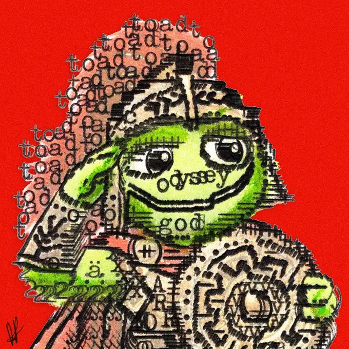 A piece of glitch-style digital art featuring a green frog-like character in a hood against a red background, with repeating text 'toad' and 'god' and 'odyssey' visible within the design.