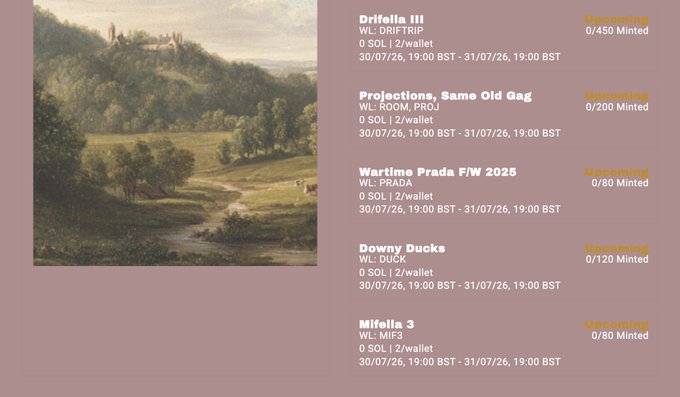A webpage listing upcoming NFT drops including 'Drifolia III', 'Projections, Same Old Gag', 'Wartime Prada F/W 2025', 'Downy Ducks', and 'Mifolia 3' is shown beside a classical landscape painting.