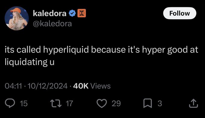 A tweet from @kaledora with 40K views reads, "its called hyperliquid because it's hyper good at liquidating u," mocking the platform's reputation for liquidating users during the SKHynix incident, contrasting with Tradexyz's prompt refund announcement versus Ostium's delayed response.