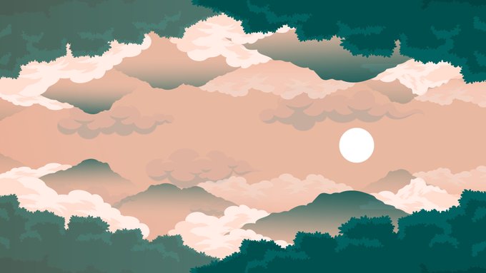 A pixel art illustration depicts a serene landscape with a pale sun in a peach-colored sky, framed by fluffy clouds and dark green foliage silhouettes.