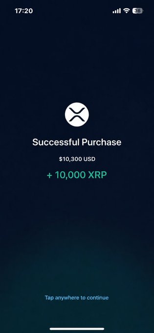 A screenshot from the XRP cryptocurrency app showing a successful purchase confirmation of 10,000 XRP for $10,300 USD, visually documenting the user's bullish commitment to the token at what they believe is a bargain price.