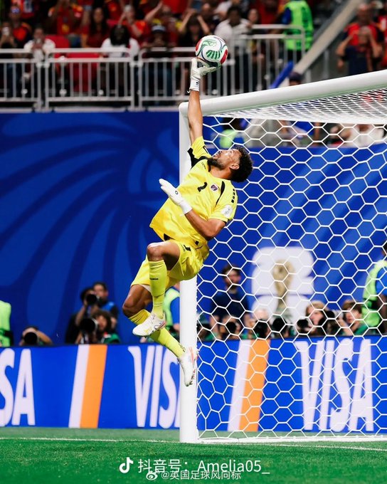 A soccer goalkeeper in a yellow uniform making an athletic leaping save at the goalpost to tip a ball over the crossbar, with Visa advertising boards visible in the background during what appears to be a Copa America match, watermarked with TikTok and Weibo handles.