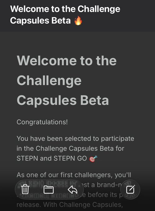 The image shows a black screen with text that reads "Welcome to the Challenge Capsules beta", followed by an explanation of the challenge, and instructions for participating. The text also includes a reference to a video game called "StepN Go".