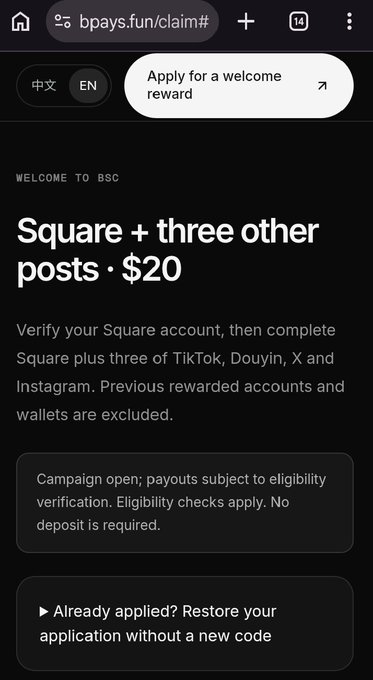 A mobile browser screenshot of 'bpays.fun/claim#' showing a 'Welcome to BSC' campaign offering '$20' for verifying a Square account plus posts on TikTok, Douyin, X, and Instagram, with eligibility restrictions noted.
