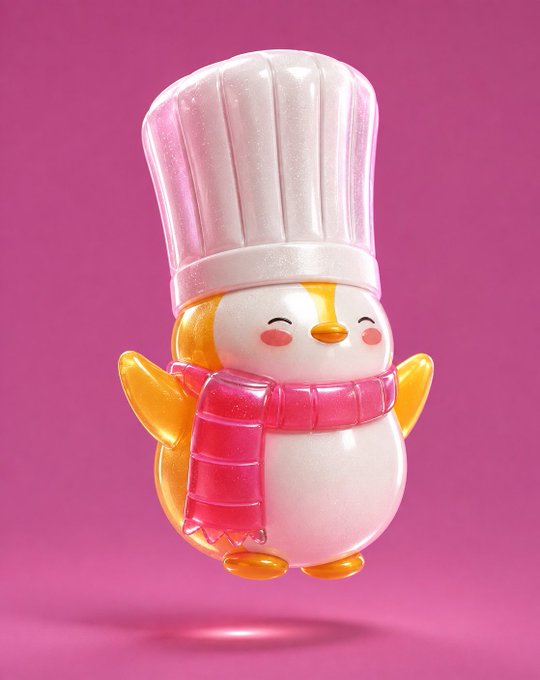 A 3D rendered illustration of a cute, smiling penguin-like figure wearing a chef's hat and a pink scarf, set against a pink background.