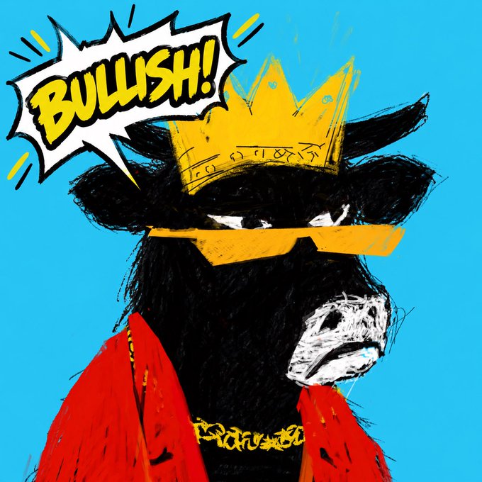 An illustration of a black bull wearing a gold crown, gold sunglasses, a gold chain, and a red jacket against a blue background, with a comic-style speech bubble reading 'BULLISH!'.