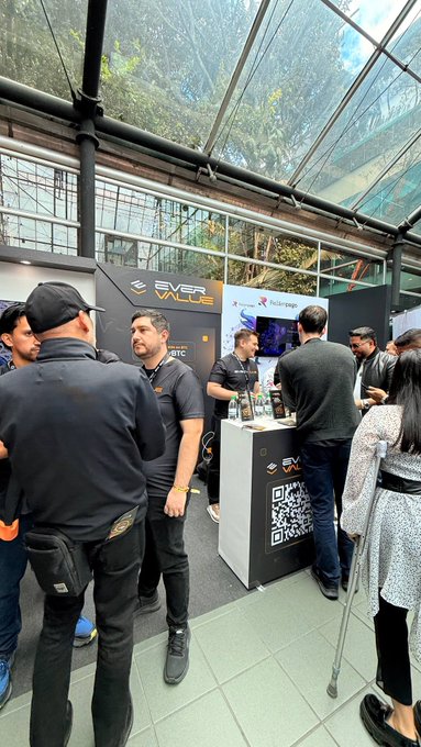 People gather at an 'EVER VALUE' booth at what appears to be a tech or crypto convention, with signage for 'Polygon' and 'ZkEVM' also visible.