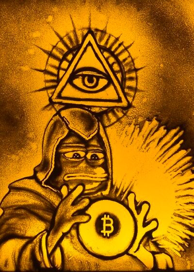 The image features a painting of a frog holding a ball, with a triangle symbol above its head. The background appears to be a dark color, possibly gold or brown. The caption at the bottom of the image reads "Gm TEMPLEKNIGHT by Darkknight @FAKERARES_XCP Are you not entertained?!". This suggests that the painting is part of an art series and might be related to the post about the Gm TEMPLEKNIGHT series on social media.