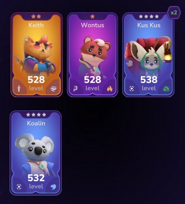 A screenshot from a mobile game showing four character cards: 'Keith' (528 level), 'Wontus' (528 level), 'Kus Kus' (538 level with an 'x2' indicator), and 'Koalin' (532 level), each displaying a star rating and an animal/human hybrid character.
