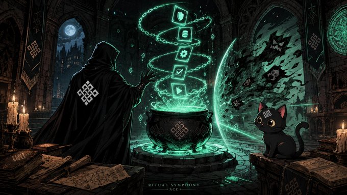 A dark fantasy digital artwork showing a hooded figure in a black cloak with a symbol on the back casting green magic over a glowing cauldron with app icons, while a black cat watches, with text 'RITUAL SYMPHONY' and 'ACEX'.