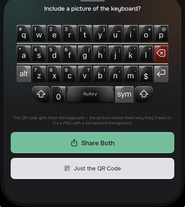 A smartphone screen showing a keyboard sharing interface with the prompt "Include a picture of the keyboard?" and buttons for "Share Both" or "Just the QR Code", explaining that the QR code provides the keyboard as a transparent PNG.