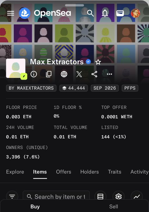 A screenshot of the OpenSea NFT marketplace displaying a collection called 'Max Extractors' by MAXEXTRACTORS, showing a floor price of 0.003 ETH, 24H volume of 0.01 ETH, and 3,396 unique owners.