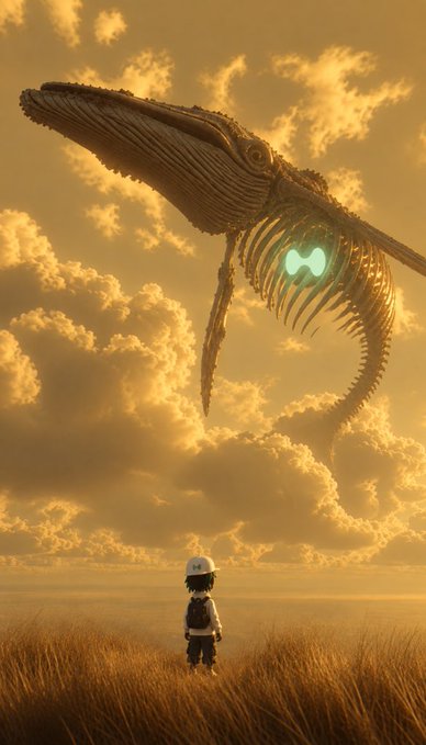 A digital artwork of a small astronaut facing a massive whale-like creature floating in the golden, cloudy sky, with a glowing infinity symbol on its chest.