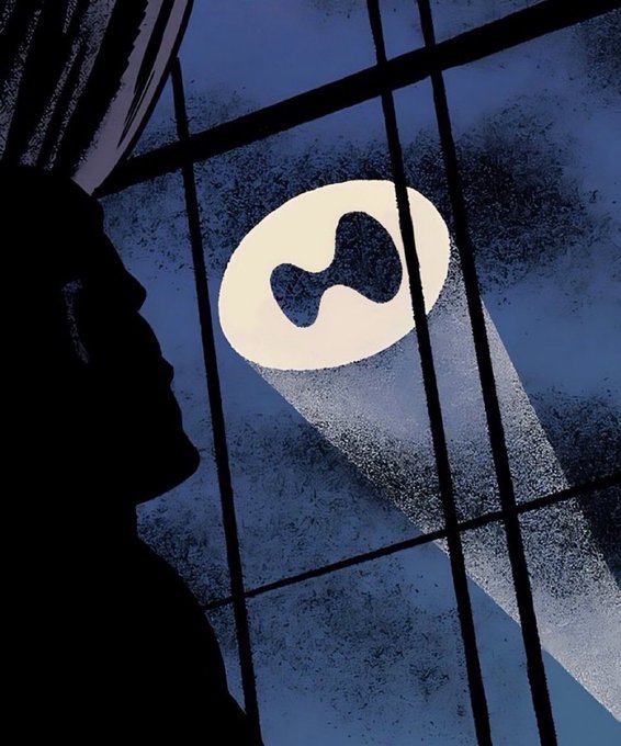 A silhouetted figure looks out through a multi-paned window at night, where a glowing, stylized face with large round eyes shines like the moon.
