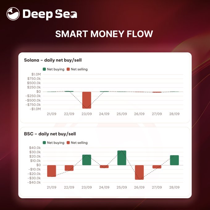 A 'Deep Sea' analytics dashboard titled 'SMART MONEY FLOW' displaying two bar charts: 'Solana – daily net buy/sell' and 'BSC – daily net buy/sell' showing net buying (green) and net selling (red) trends from 21/09 to 28/09.