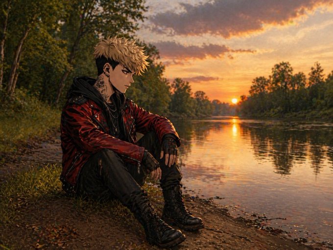 The image features a man sitting by a river at sunset with his arms crossed, looking out over the water. The scene has a peaceful atmosphere as the sun sets behind the trees, casting an orange glow across the sky. The man's position near the water suggests that he might be taking a break from a walk or enjoying the view of the river.