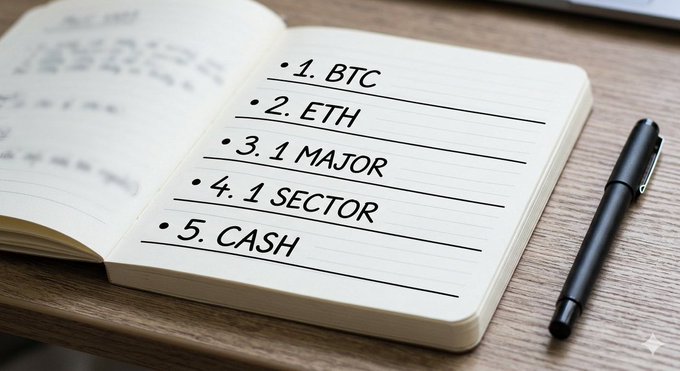 An open notebook with handwritten entries listing: "1. BTC, 2. ETH, 3. 1 MAJOR, 4. 1 SECTOR, 5. CASH," with a black pen resting beside it.