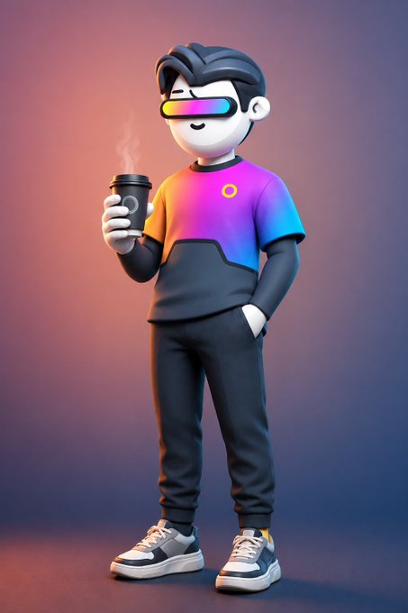A 3D-rendered cartoon character wearing a colorful gradient shirt, dark pants, and rainbow VR goggles holds a steaming cup of coffee.