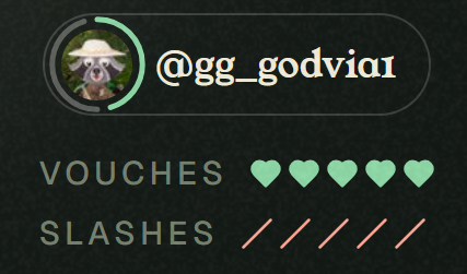 A social media profile card for '@gg_godvia1' featuring an avatar of a raccoon in a hat, with four green hearts for 'VOUCHES' and five slashes for 'SLASHES'.
