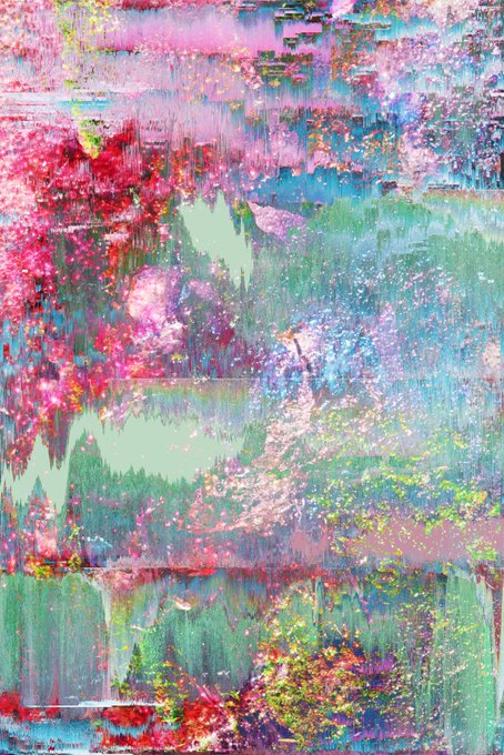 An abstract, heavily textured painting with vibrant streaks and drips of pink, green, blue, and yellow paint creating a layered, glitchy effect.