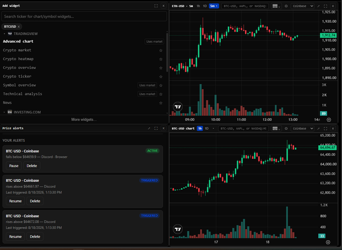 A cryptocurrency trading dashboard featuring an 'Add widget' menu on the left and TradingView charts on the right for 'ETH-USD' and 'BTC-USD' against the Coinbase exchange.
