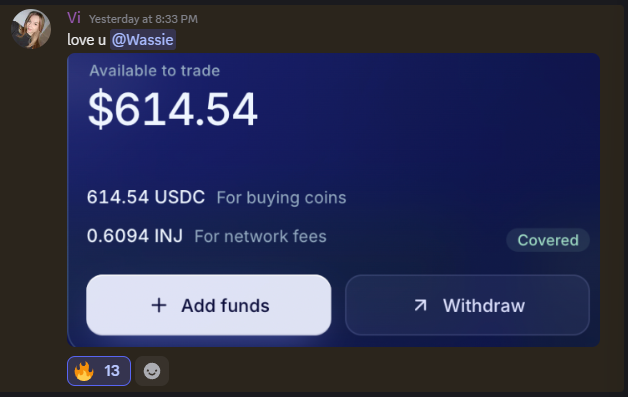 Discord message from user 'Vi' saying 'love u @Wassie' with a trading wallet showing $614.54 USDC available to trade and 0.6094 INJ for network fees (marked 'Covered'), with Add funds and Withdraw buttons.