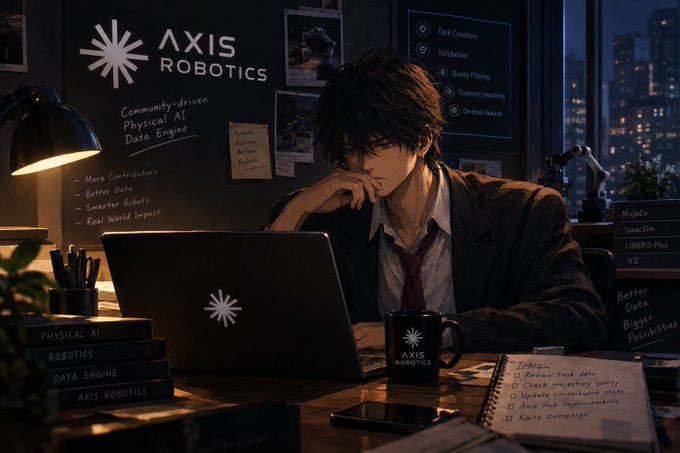 An anime-style illustration of a tired young man working on a laptop in a dimly lit office branded 'AXIS ROBOTICS' with a list of features including 'Task Creation' and 'Validation' visible on a screen.