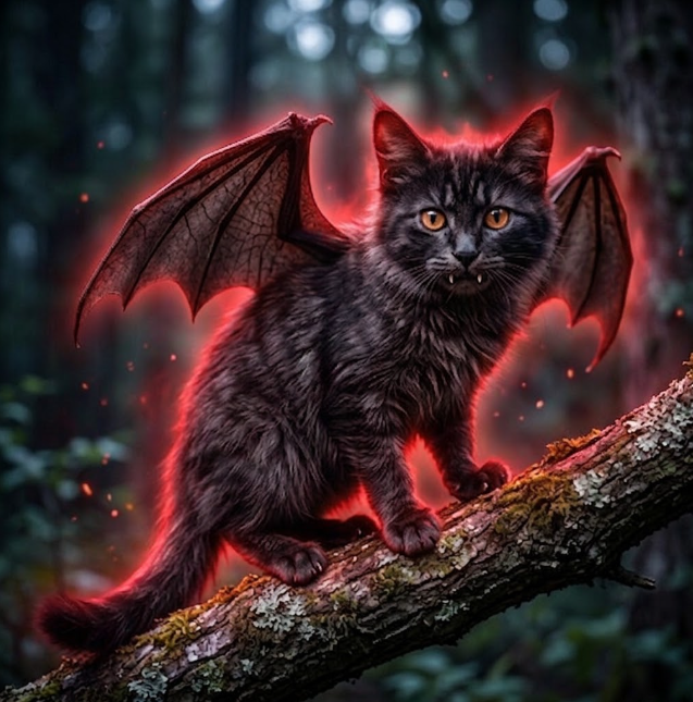 A dark fantasy digital illustration of a black cat with bat-like wings and glowing red eyes, perched on a mossy tree branch in a dark forest.