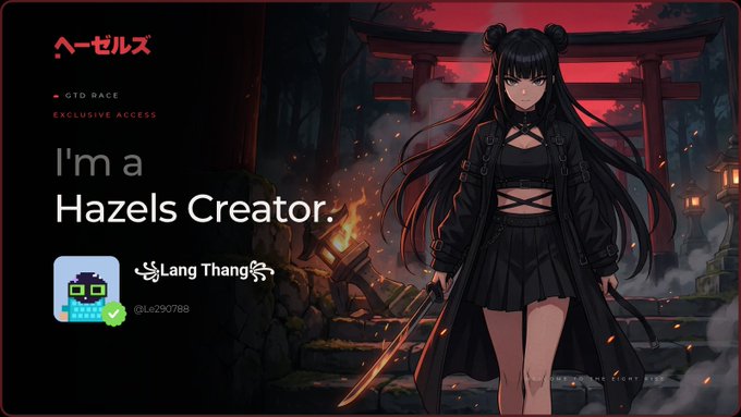 A graphic card reads 'I'm a Hazels Creator.' alongside the 'Lang Thang' logo and the username '@L6290788', featuring an anime-style character in a dark forest setting.