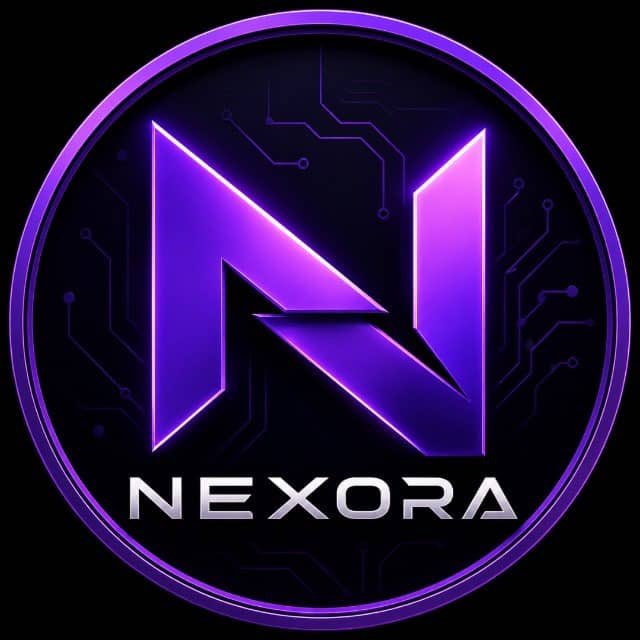 A digital logo featuring a stylized purple 'N' inside a circular tech-inspired badge with the text 'NEXORA' below it.