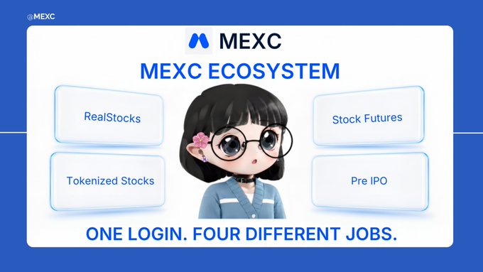 MEXC cryptocurrency exchange promotional graphic titled 'MEXC ECOSYSTEM' with an anime-style mascot and four service categories: RealStocks, Tokenized Stocks, Stock Futures, and Pre IPO, with the tagline 'ONE LOGIN. FOUR DIFFERENT JOBS.'