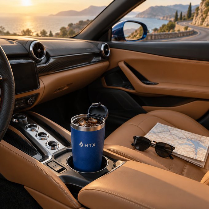 The interior of a luxury car is shown with tan leather seats, featuring a blue insulated tumbler labeled "HTX" filled with a cold beverage, alongside sunglasses and a map resting on the passenger seat.