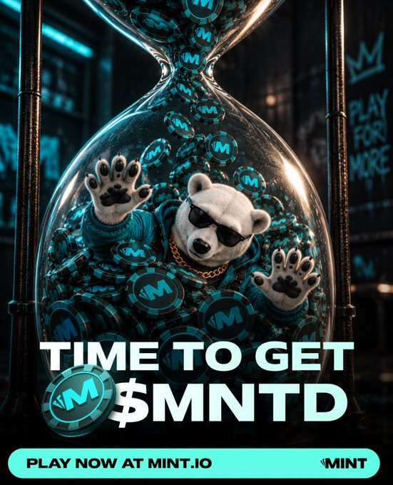 A promotional advertisement for MNTD featuring a teddy bear wearing sunglasses and a gold chain inside an hourglass filled with MNTD tokens, with text reading 'TIME TO GET $MNTD' and 'PLAY NOW AT MINT.IO'.