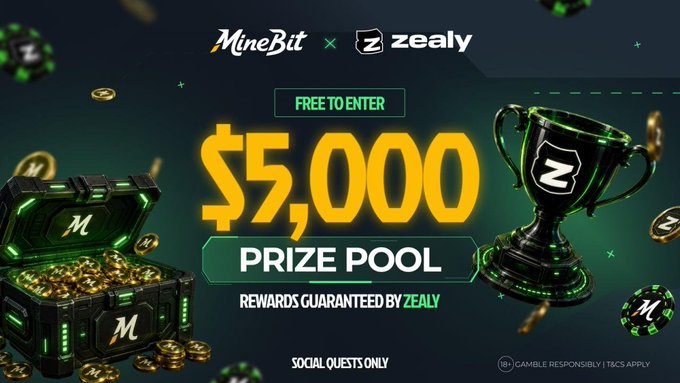 A promotional banner for a 'MineBit x Zealy' competition featuring a $5,000 prize pool, free to enter via social quests, with imagery of a treasure chest and trophy.