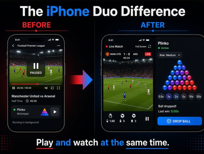 A promotional graphic titled 'The iPhone Duo Difference' showing before and after states of using an iPhone in split-screen, demonstrating how to watch a Manchester United vs Arsenal football match while simultaneously playing Plinko.