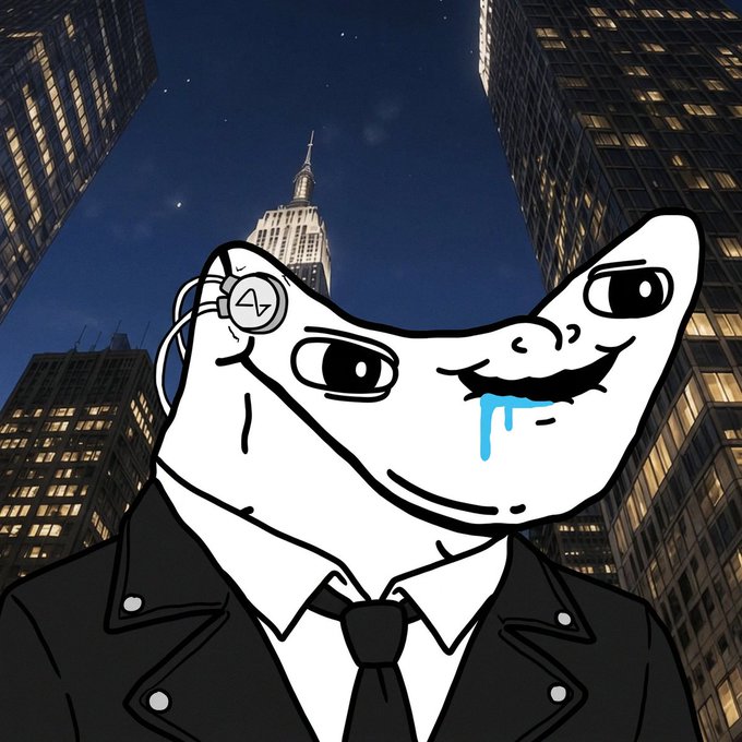 An illustration of a cartoonish white figure with a wide grin and drool, wearing a suit and tie with a '4' device attached to its head, set against a nighttime city skyline featuring the Empire State Building.