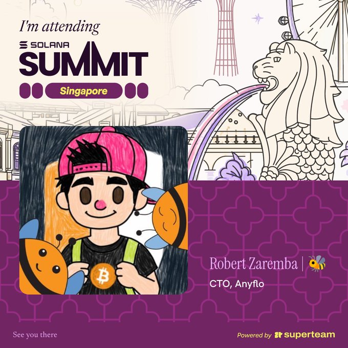A promotional graphic announcing attendance at the Solana Summit Singapore (Oct 6, 2026), featuring a hand-drawn cartoon avatar of Robert Zaremba, CTO of Anyflo, alongside the Merlion and Singapore skyline, tying into the post's invitation to explore emerging payments investments at the event.