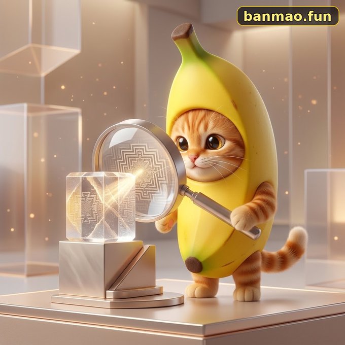 A whimsical 3D illustration shows an orange cat dressed in a banana costume holding a magnifying glass to examine a glowing cube, with the text 'banmao.fun' in the corner.