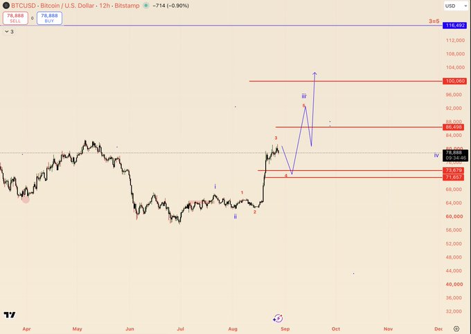 A BTCUSD 12-hour Bitstamp price chart showing Bitcoin's value at $78,888 with technical analysis annotations marking wave patterns and key support levels at $71,657 and $73,675, along with resistance targets at $85,496 and $100,060, reflecting the analyst's outlook for a potential pullback before a rally to 85-100k.