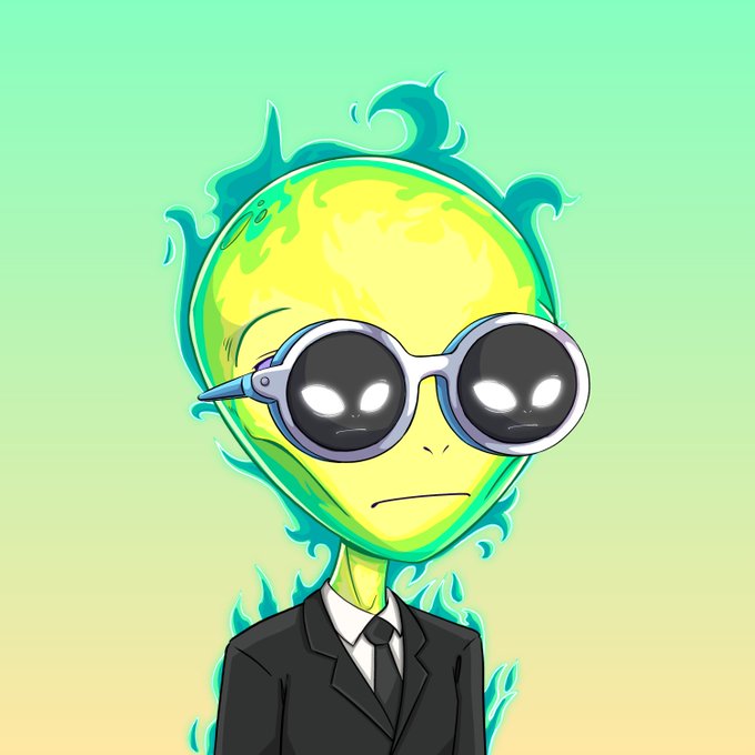 Cartoon character with a glowing green flame head, wearing dark sunglasses and a black business suit, set against a green-to-yellow gradient background.