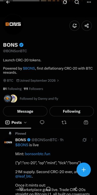 A screenshot of an X profile for 'BONS' (@BONSonBTC) promoting the launch of CRC-20 tokens, mentioning '$BONS, first deflationary CRC-20 with BTC rewards' and a pinned post about a mint on 'bonsonbtc.fun'.