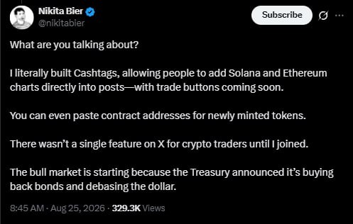 A screenshot of a tweet by Nikita Bier (@nikitabier) responding to critics, stating 'What are you talking about?' and claiming credit for building Cashtags, which lets users add Solana and Ethereum charts to posts, and attributing a bull market to Treasury bond buybacks debasing the dollar.