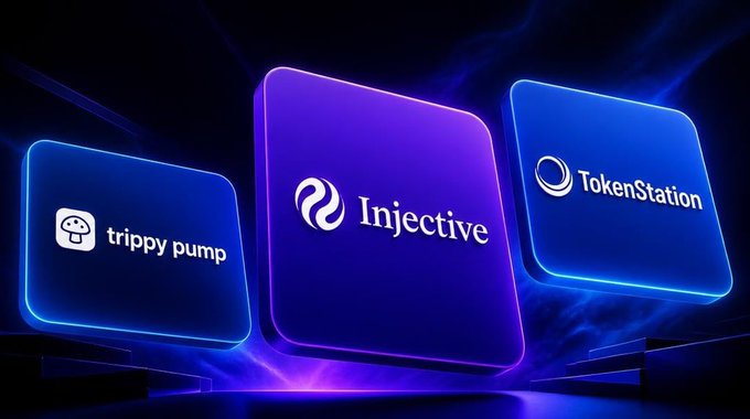 A 3D rendered promotional graphic featuring the Injective logo in the center, flanked by logos for 'trippy pump' and 'TokenStation' against a dark blue/purple glowing background.