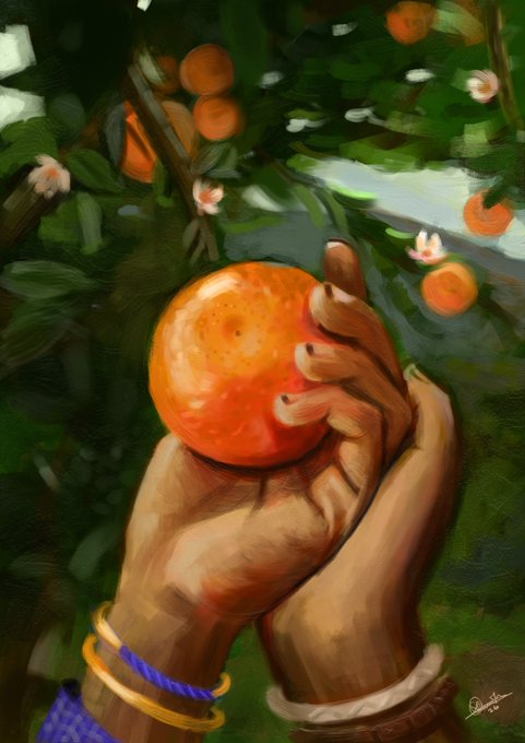 A digital painting depicting a pair of hands cradling a bright orange fruit beneath a tree branch laden with similar fruits and small white blossoms.
