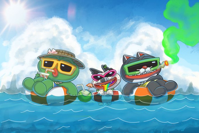 A colorful digital illustration of cartoon characters, including a green turtle and a cat wearing sunglasses, relaxing on inflatable floats in the ocean with a coconut drink.