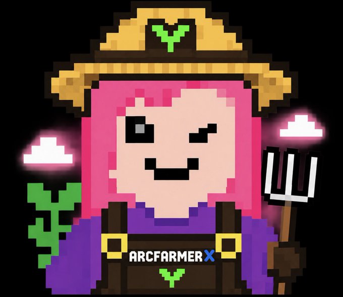 A pixel art avatar of a pink-haired farmer with a winking eye, straw hat, and pitchfork, branded "ARCFARMER X".