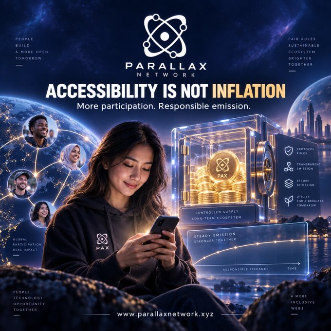 A promotional graphic for the "Parallax Network" (www.parallaxnetwork.xyz) features a young woman using a smartphone alongside a glowing vault of PAX coins and a steady upward emission graph, visually reinforcing the message that PAX's mobile accessibility does not equate to uncontrolled inflation. Surrounding text highlights core principles like "CONTROLLED SUPPLY," "LONG-TERM ECOSYSTEM," "TRANSPARENT EMISSION," and "RESPONSIBLE ISSUANCE," aligning with the post's emphasis on sustainable, fair, and secure participation.