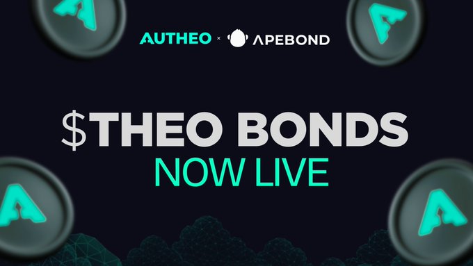 A promotional graphic featuring the Autheo and ApeBond logos at the top, with bold text announcing "$THEO BONDS NOW LIVE" surrounded by glowing teal coin icons on a dark background. The image directly aligns with the post's announcement that the THEO Base Bond is now available on ApeBond, highlighting the launch of the new $THEO bonding opportunity.