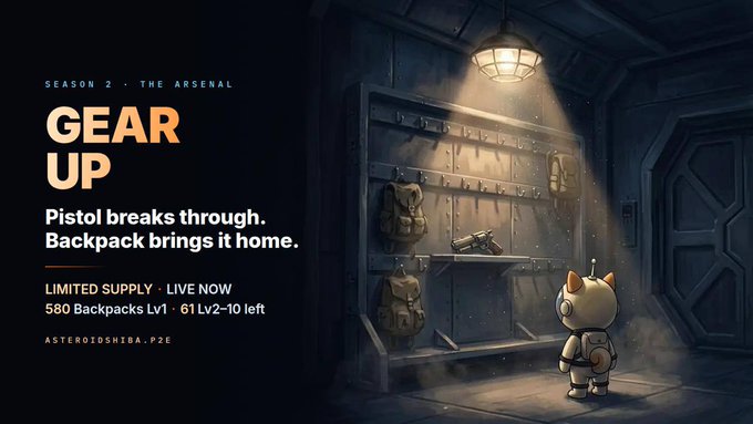 The image shows a promotional banner for "Season 2 - The Arsenal: Gear Up," featuring an armored Shiba character in a dimly lit armory with backpacks and a pistol displayed on the wall. Text announces limited supply (580 Backpacks Lv1 and 61 Lv2-10 left) at "asteroidshiba.pze," visually tying to the post's theme of Shiba needing new gear and firepower since scanners alone no longer suffice against Residents who now occupy the asteroids in Season 2.