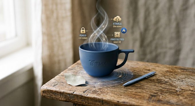A steaming blue "TermMax" branded mug sits on a wooden table beside a pen, with holographic interface overlays highlighting its key features: "FIXED COIN," "STABLE COIN," and "PROTECTED BAD VE"—cleverly mirroring TermMax's promise of delivering fixed-rate, stablecoin-backed, and liquidation-protected DeFi solutions like a secure, predictable cup of coffee for your portfolio.
